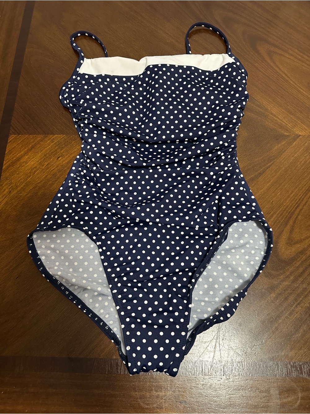 Miraclesuit Size 10 Navy White Polka Dot Ruched One Piece Swimsuit Like New